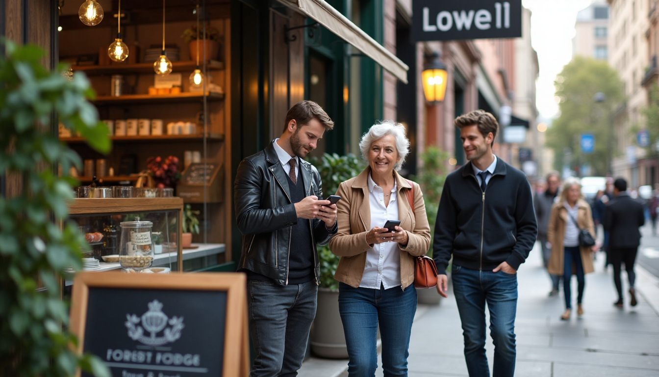 People checking reviews on their phones outside a local shop