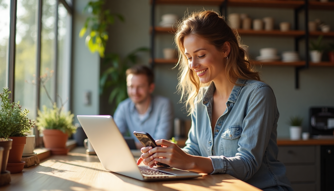 Small business owner reviewing customer feedback online in a cozy shop