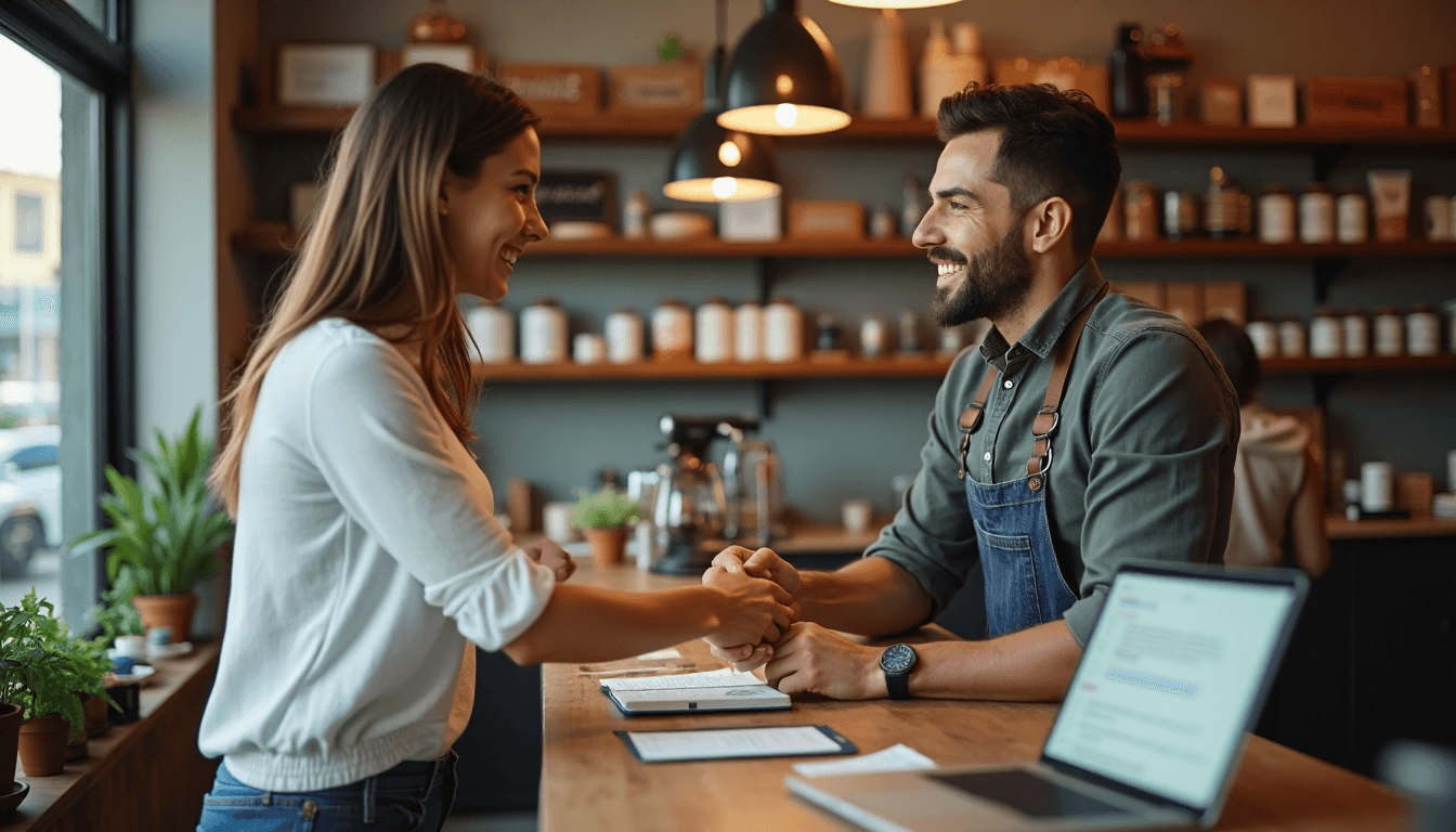 Business owner checks reviews while greeting happy customer