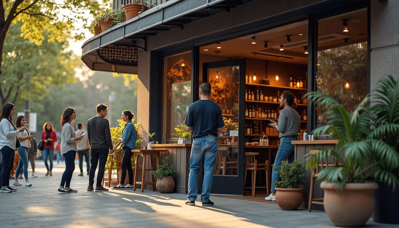 Small business storefront with customers using phones