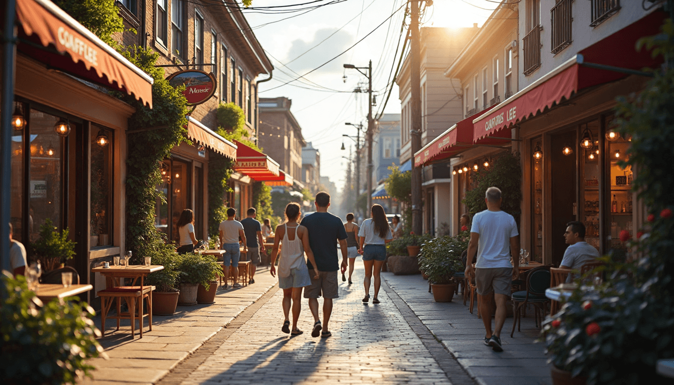 Small businesses on local street with community activity