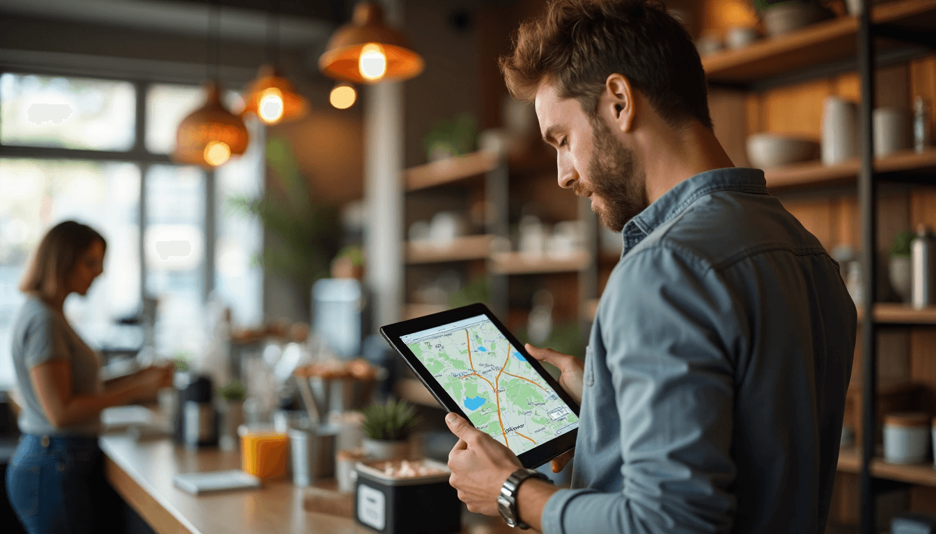 Small business owner reviews local targeting strategy on tablet