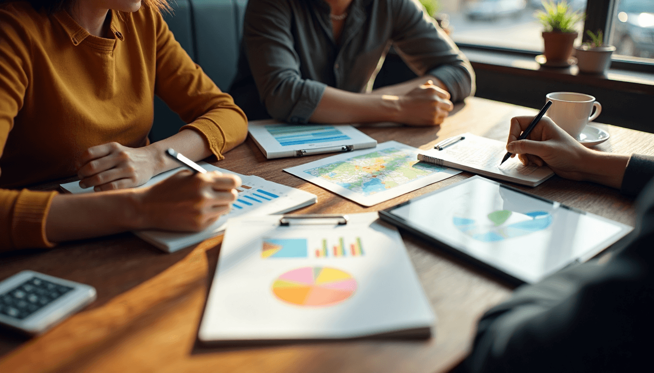 Partners plan smart advertising budgets with charts at café table