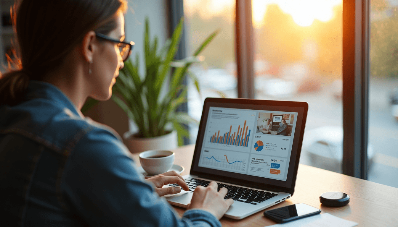 Small business owner analyzes online advertising data at a desk