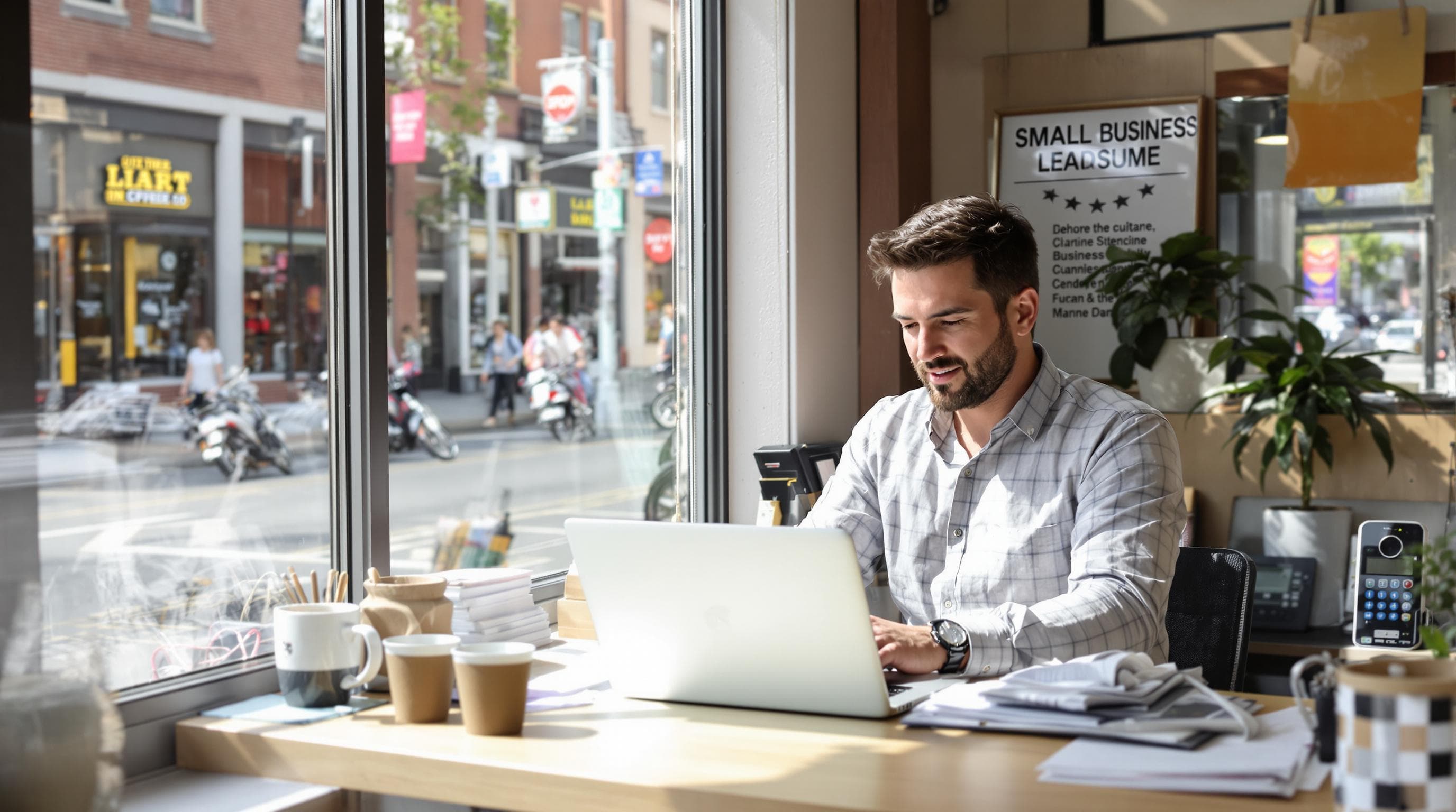 Small business owner working on website strategy at sunlit desk