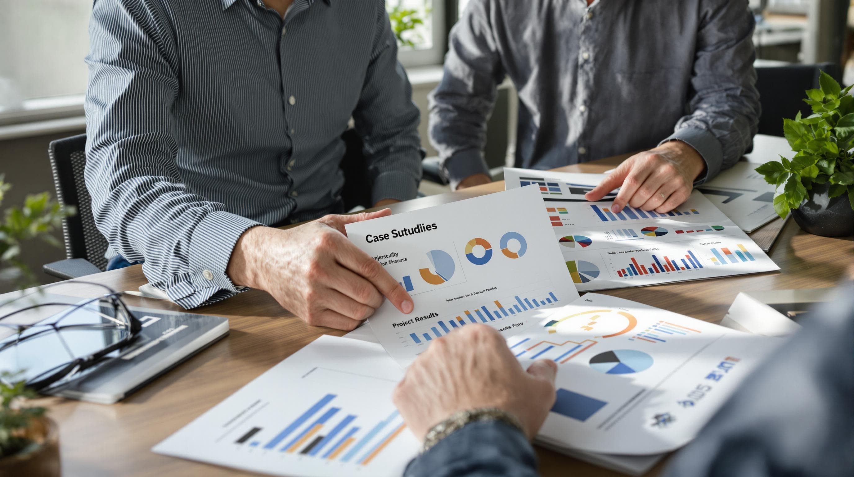 Business professionals review agency portfolio and results data