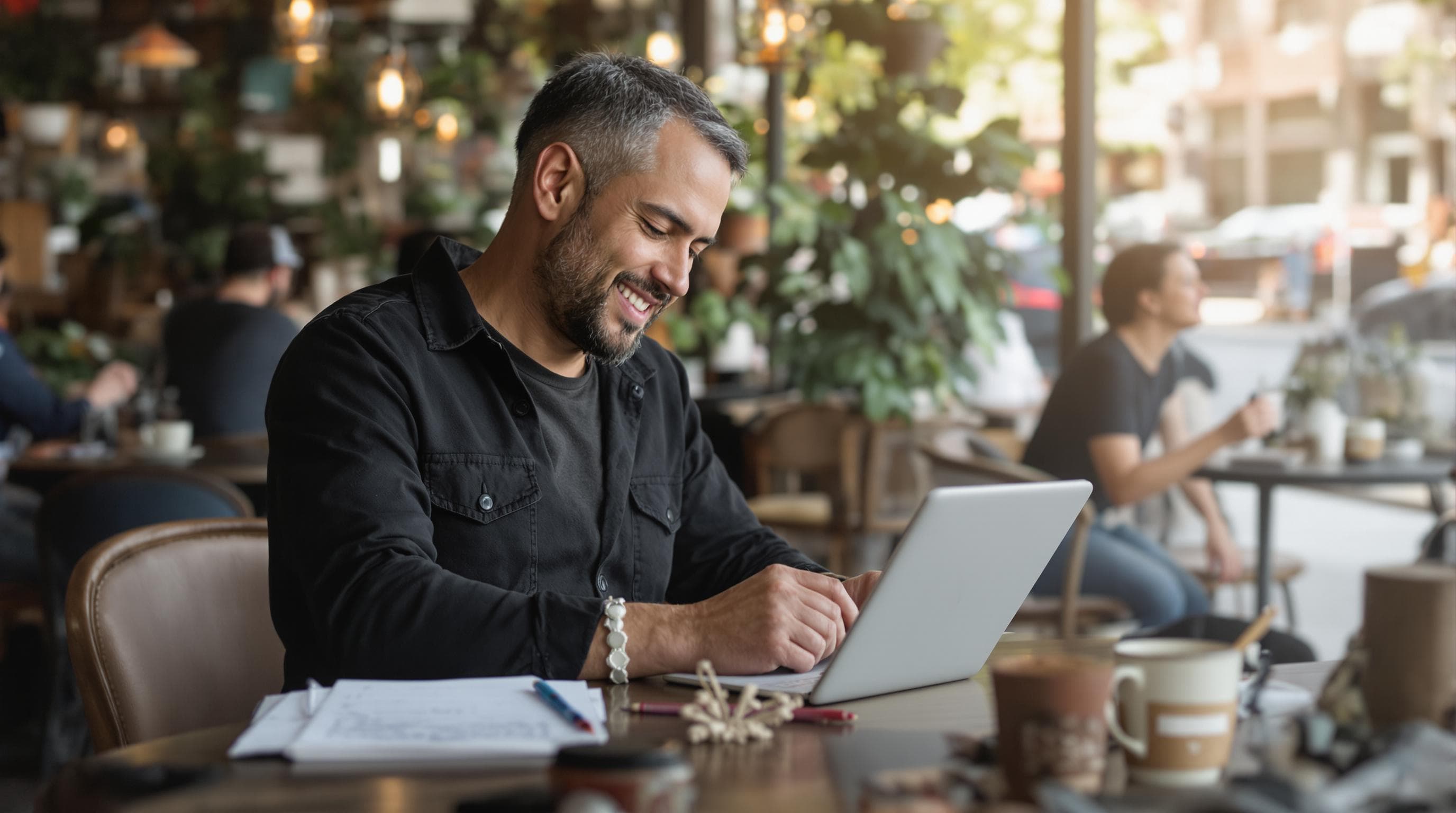 Local entrepreneur creating social media ad campaign on tablet in neighborhood cafe