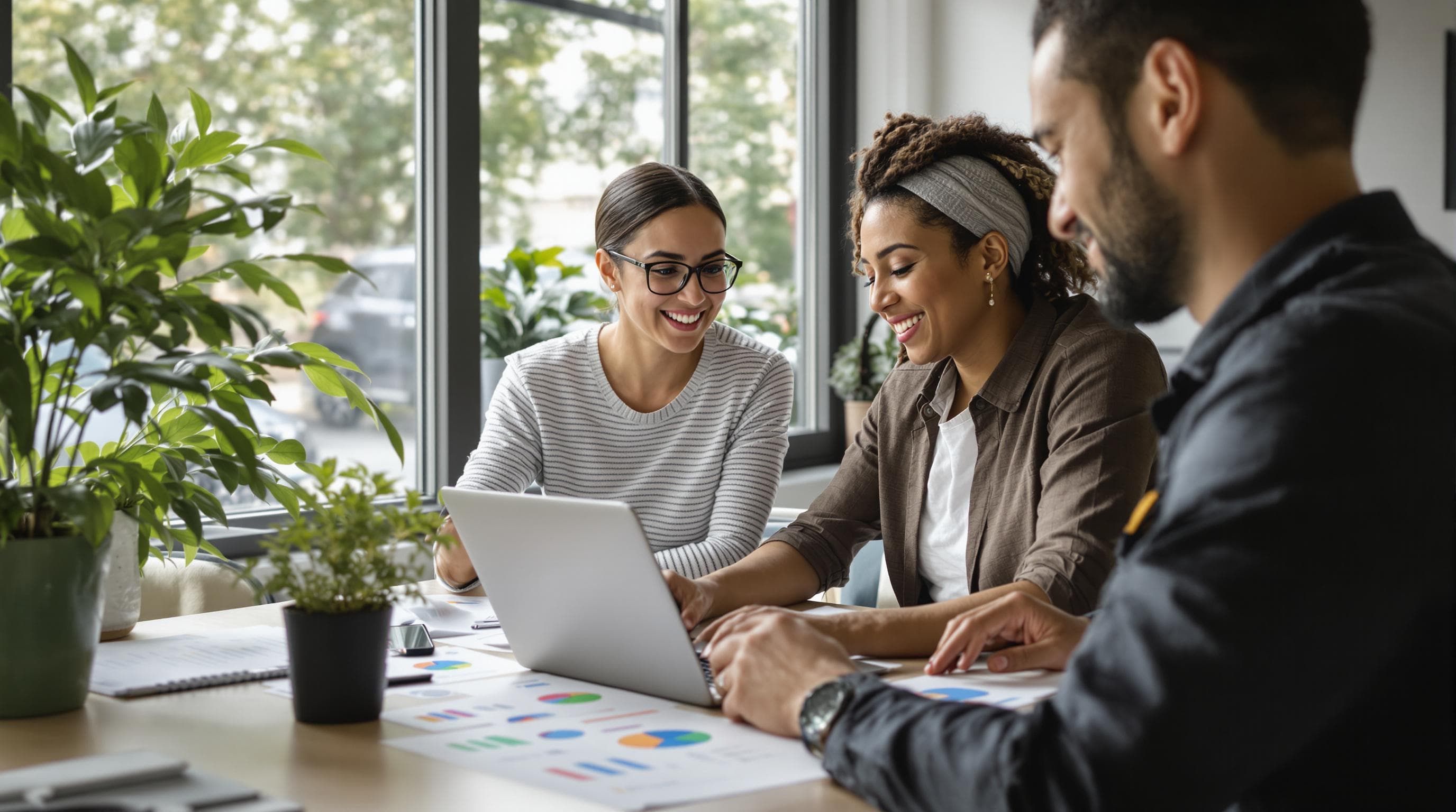 Small business owners analyzing digital marketing growth results in office