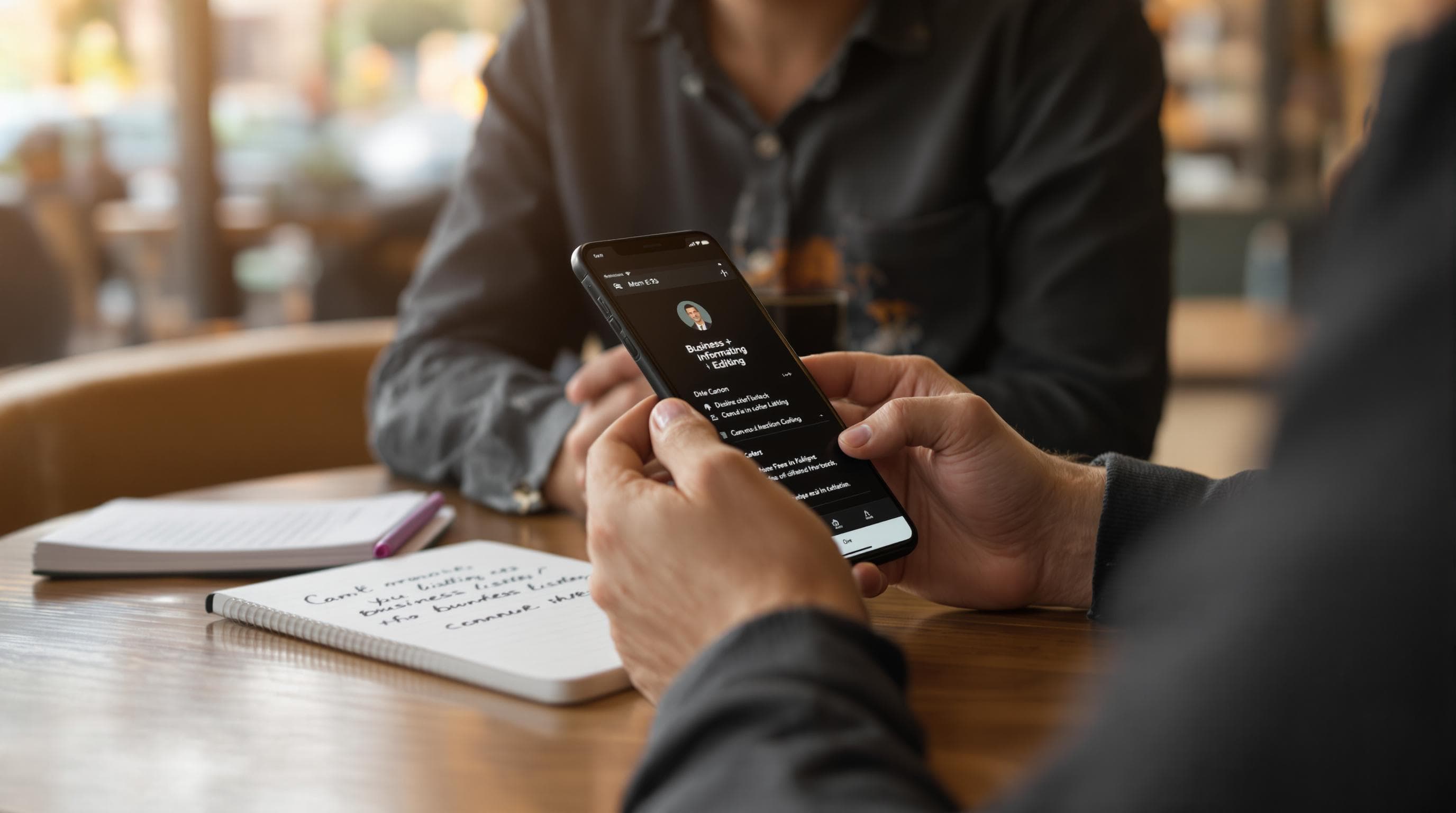 Person edits business listing info on phone at café