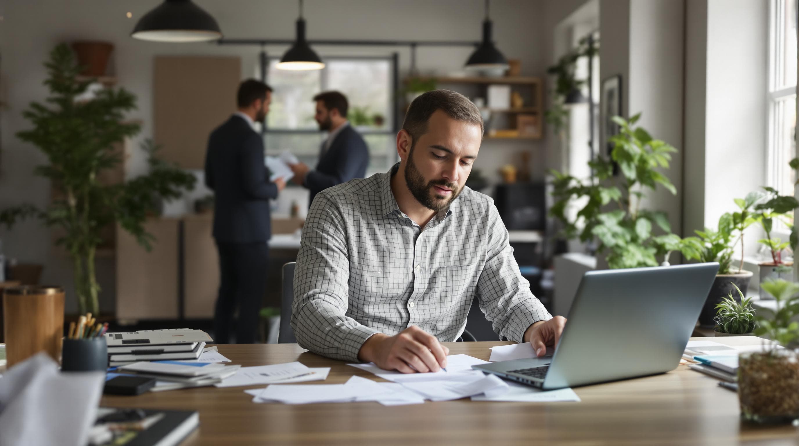 Owner reviews laptop and documents for business listing accuracy