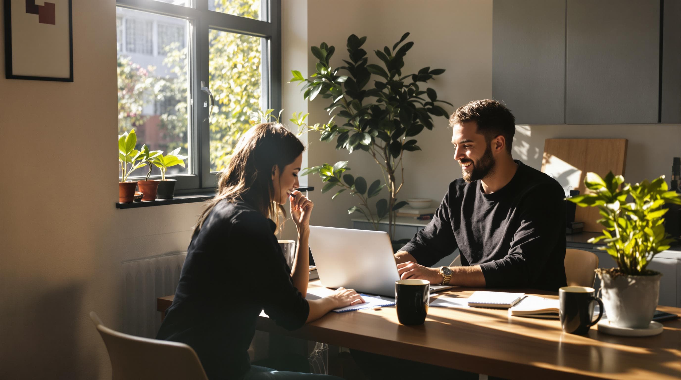 Business team collaborating on digital marketing strategy in sunlit workspace