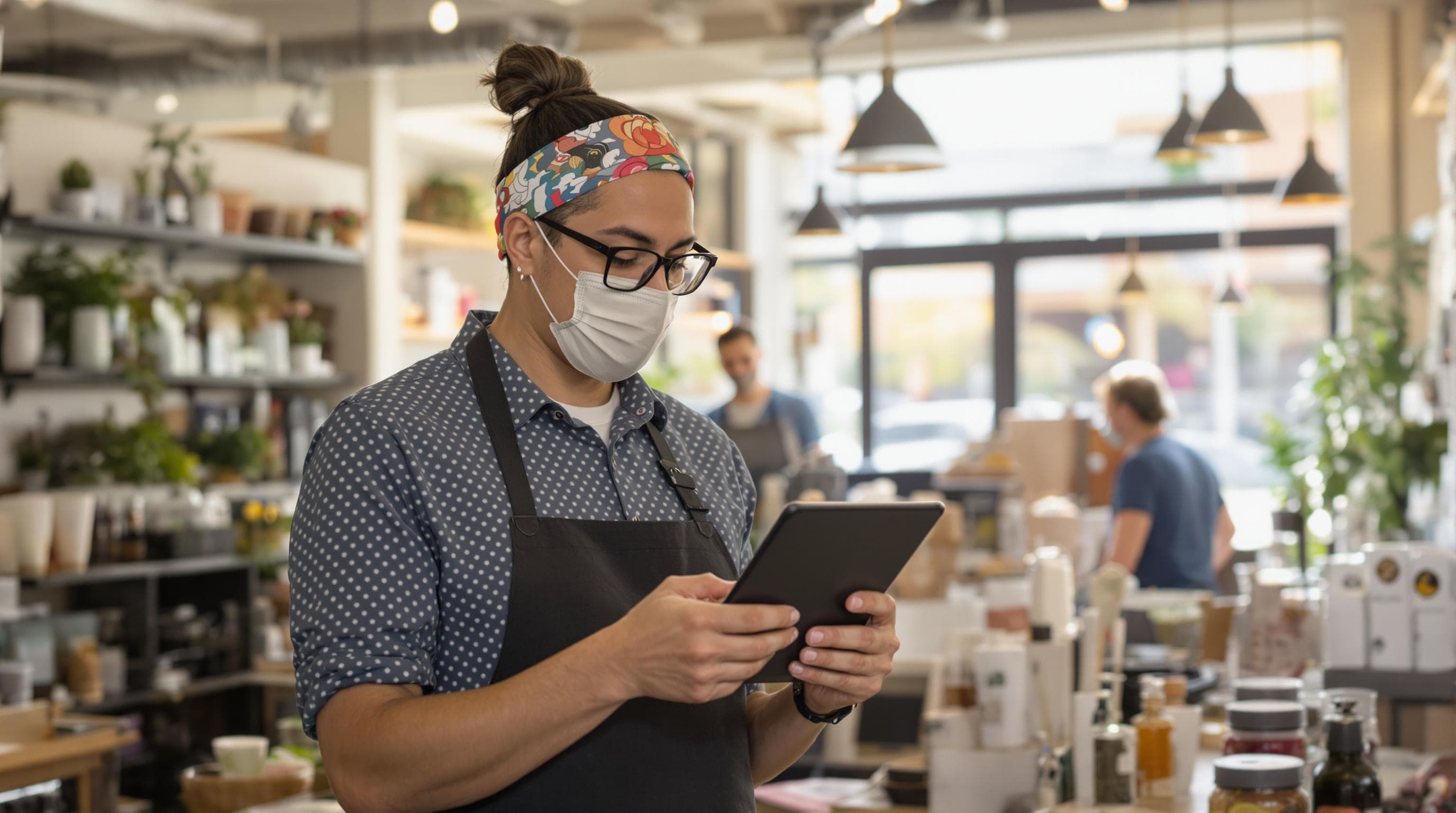 Shop owner inside store updating Google Business Profile on tablet
