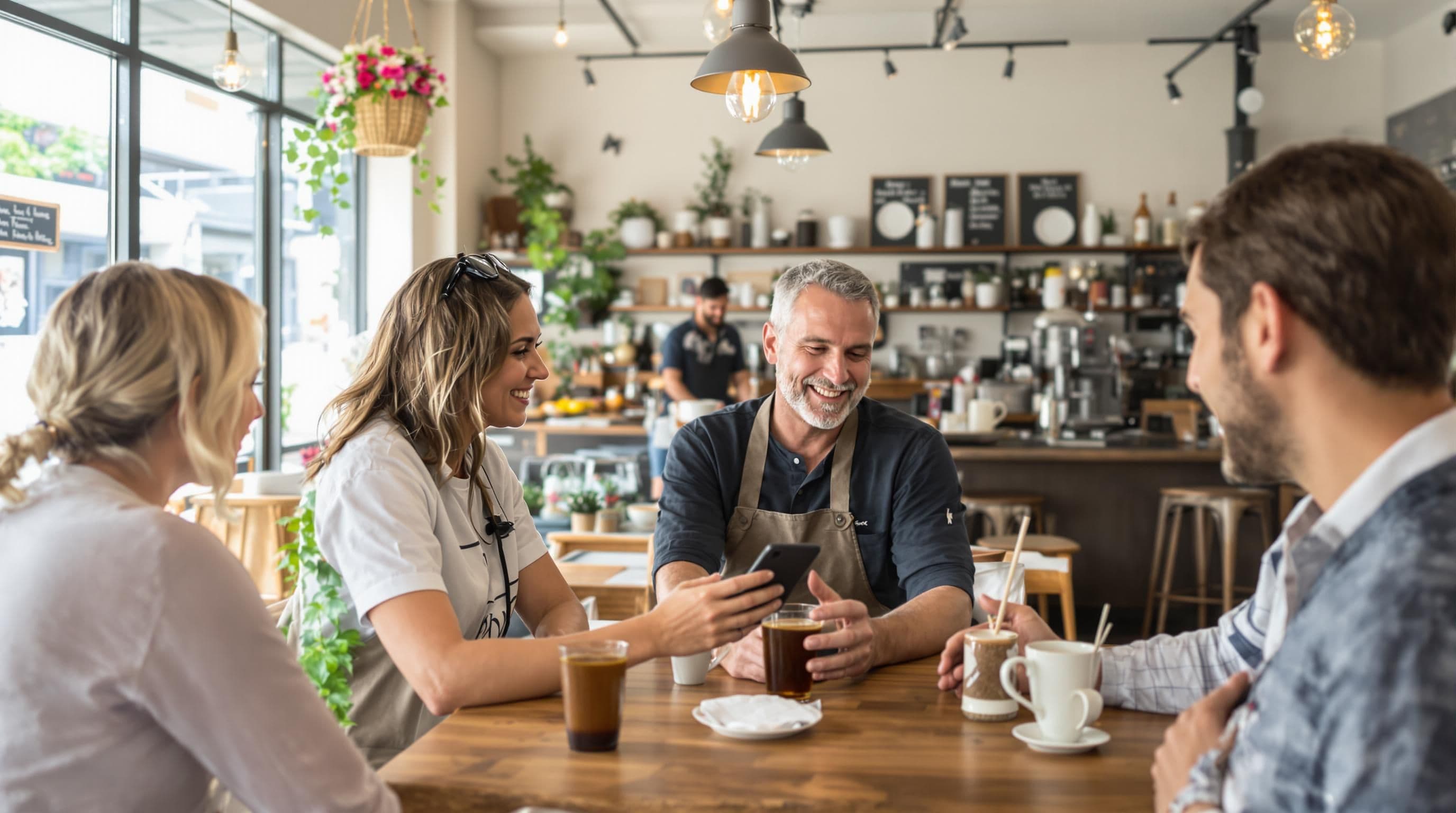 Cafe customers sharing positive online review with local business owner