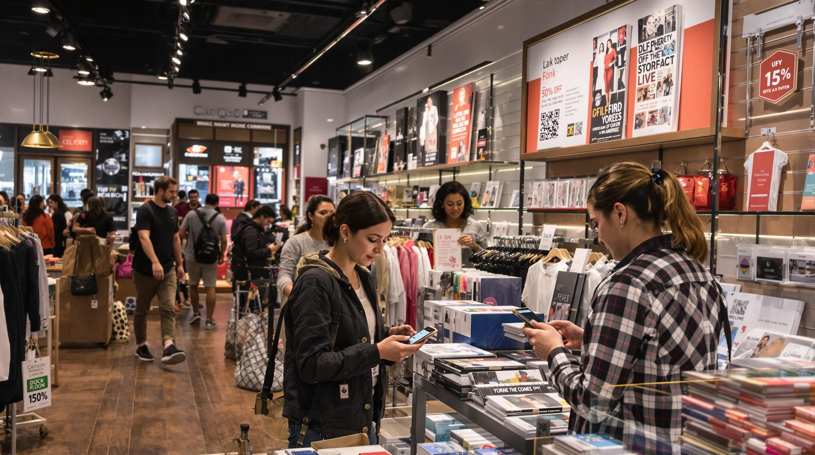 Customers scanning QR codes and browsing in a welcoming retail shop