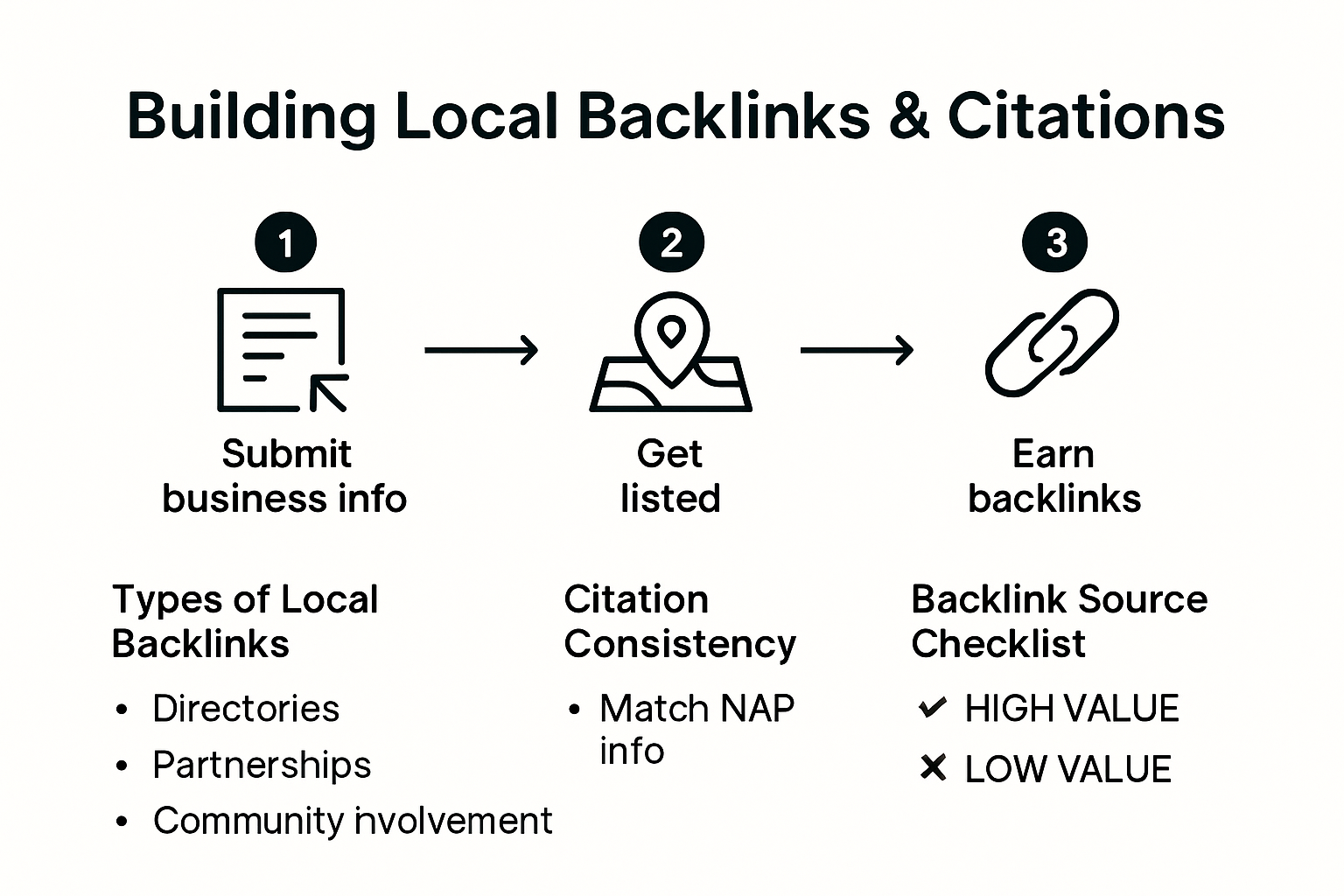 Infographic visualizing steps to build quality local backlinks and citations