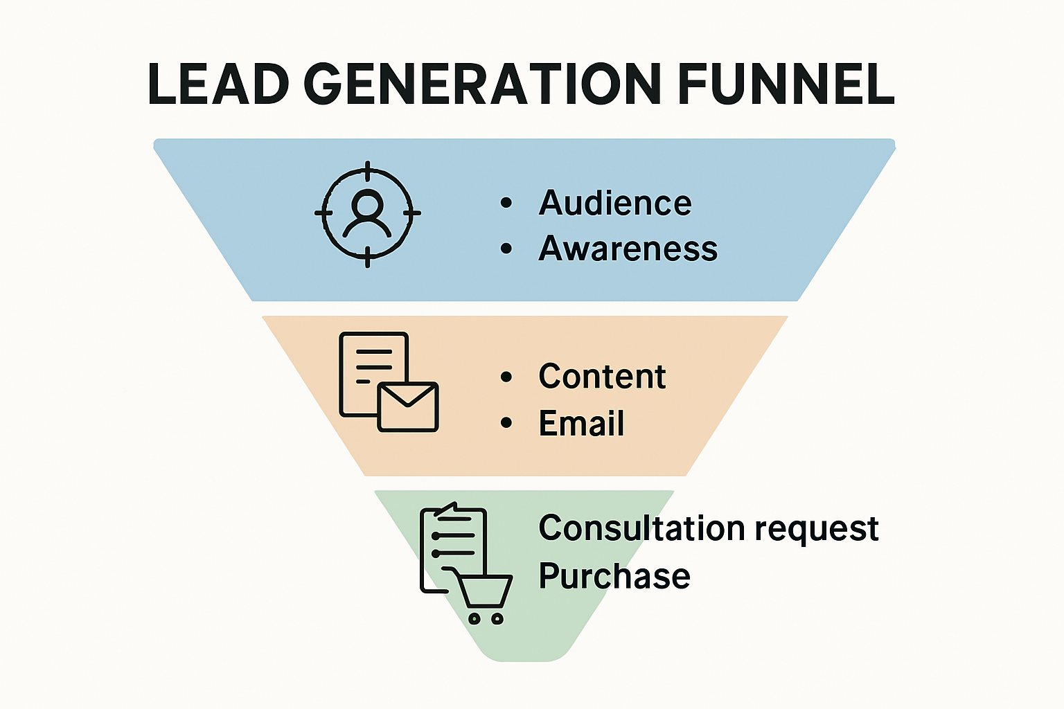 Lead generation funnel stages with data and icons