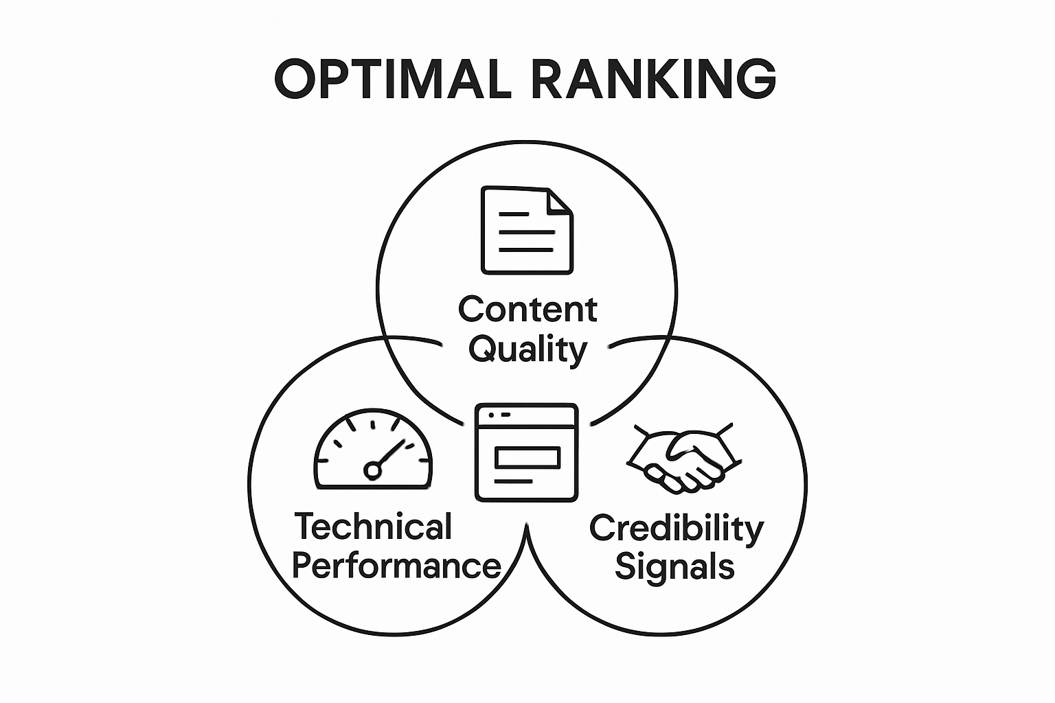 Infographic showing three main factors in search engine ranking: content, technical, credibility