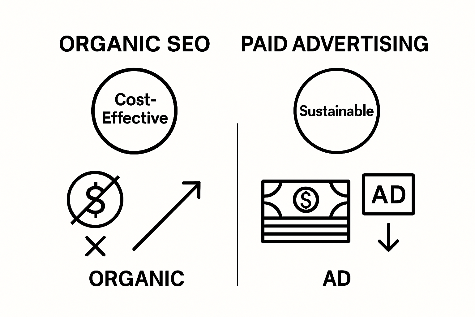 Visual comparing organic SEO benefits and paid ads