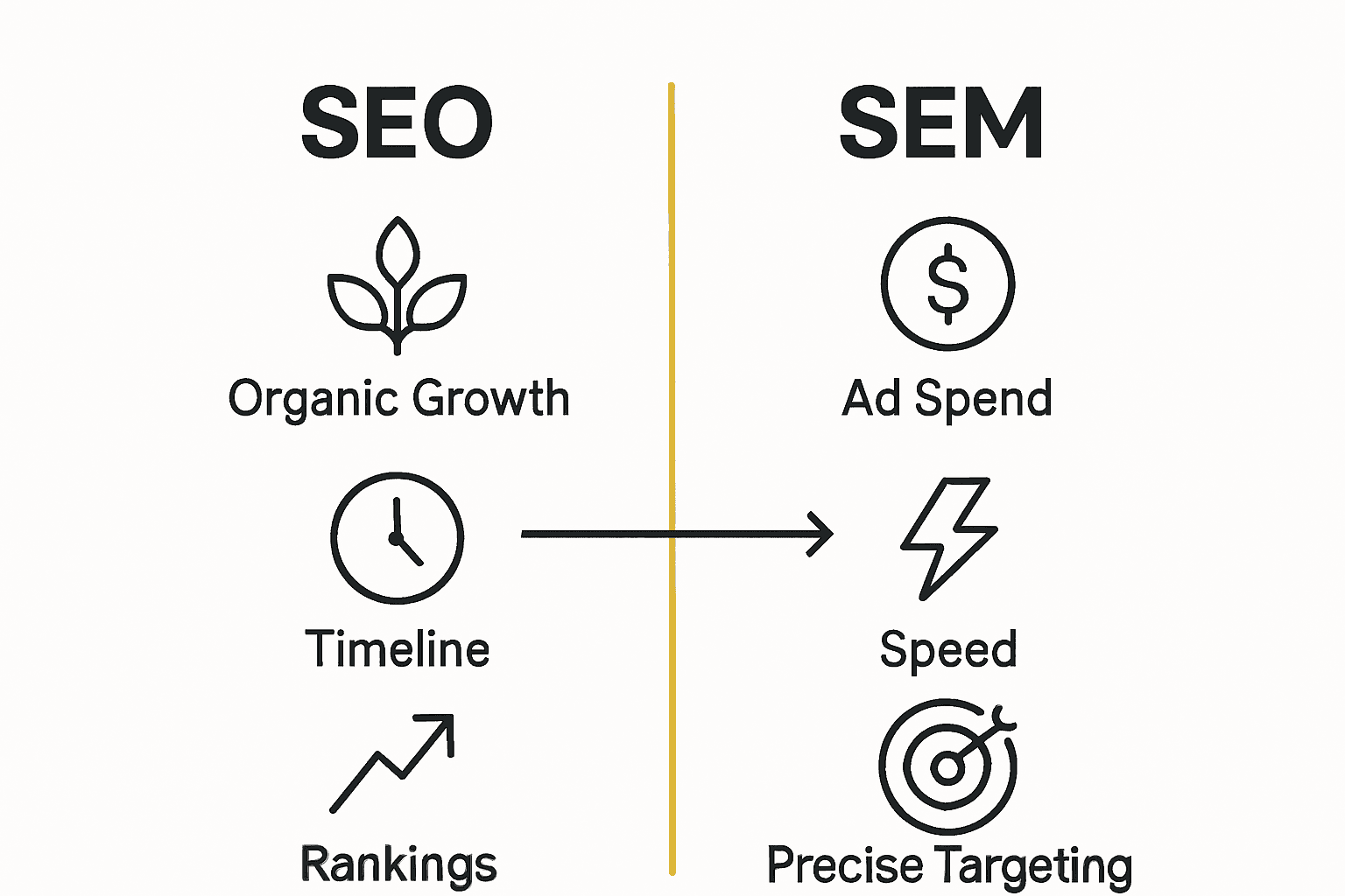 Infographic comparing SEO and SEM core components.