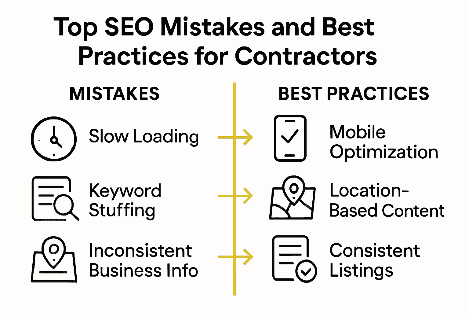 Infographic of common SEO mistakes versus best practices.