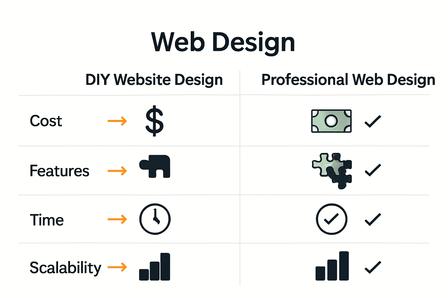 Side-by-side infographic comparing DIY and professional website design on cost, features, time, scalability.