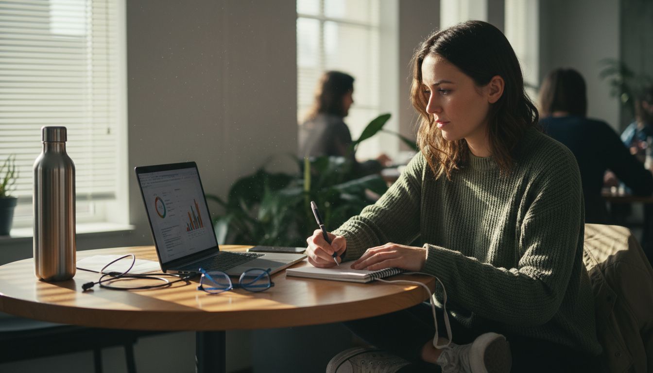 Woman multitasking with analytics on laptop