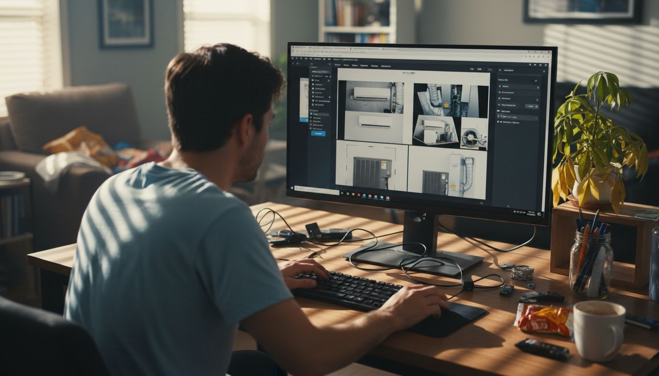 Web designer editing HVAC website in home office