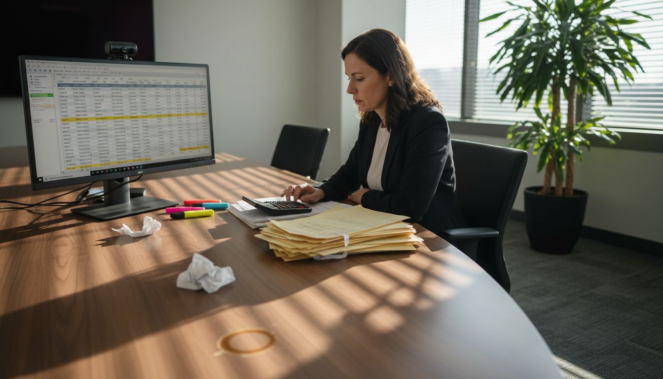 Manager calculating marketing costs in boardroom