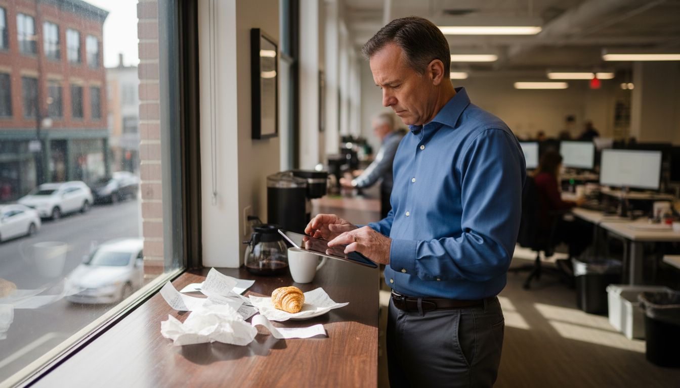 Typing marketing budget at coffee station