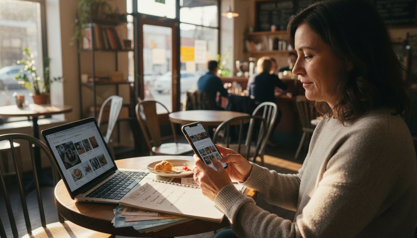Business owner checks website on smartphone