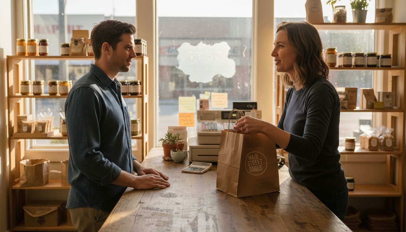 Shop owner engaging with customer at counter
