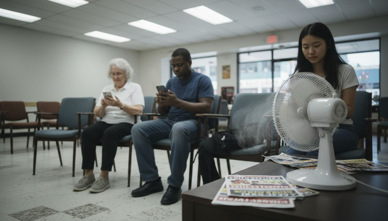 Customers reading reviews in waiting room