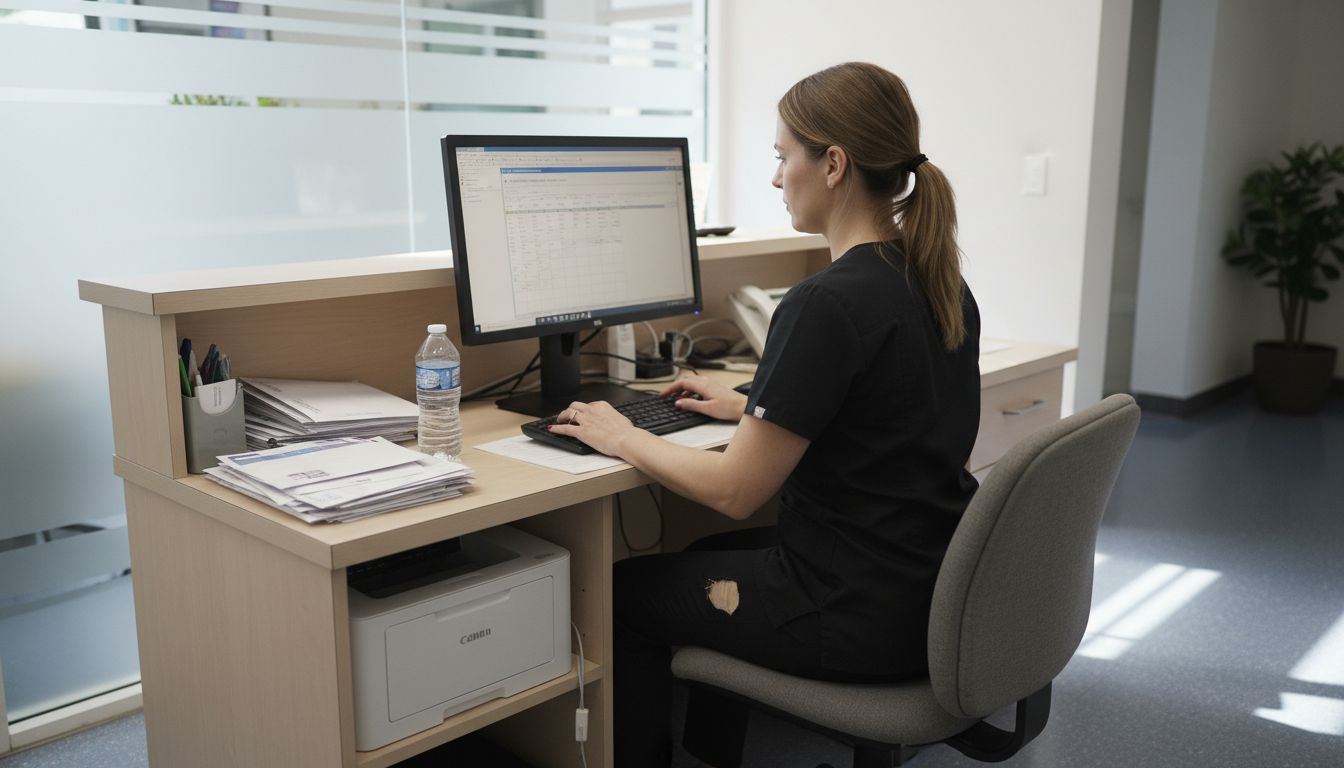 Dental assistant using clinic technology at desk