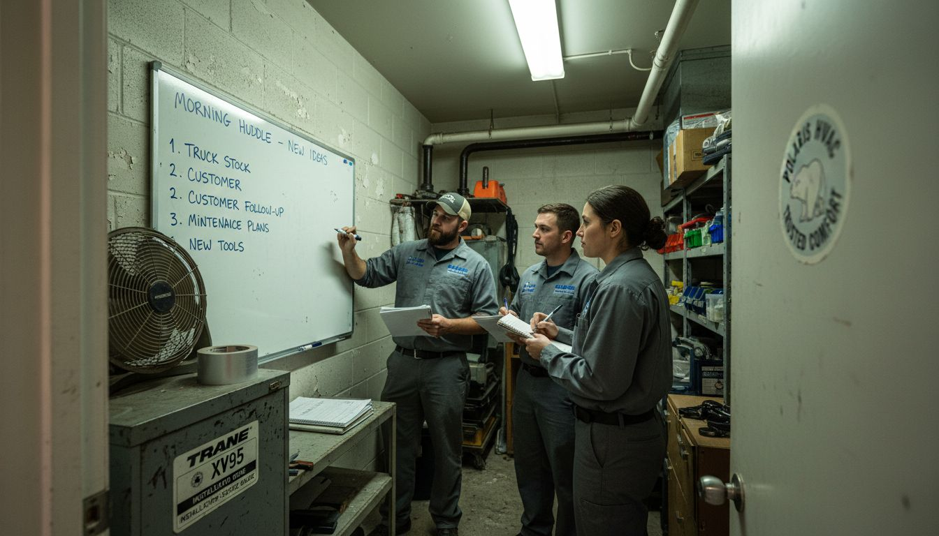HVAC team discussing branding around whiteboard
