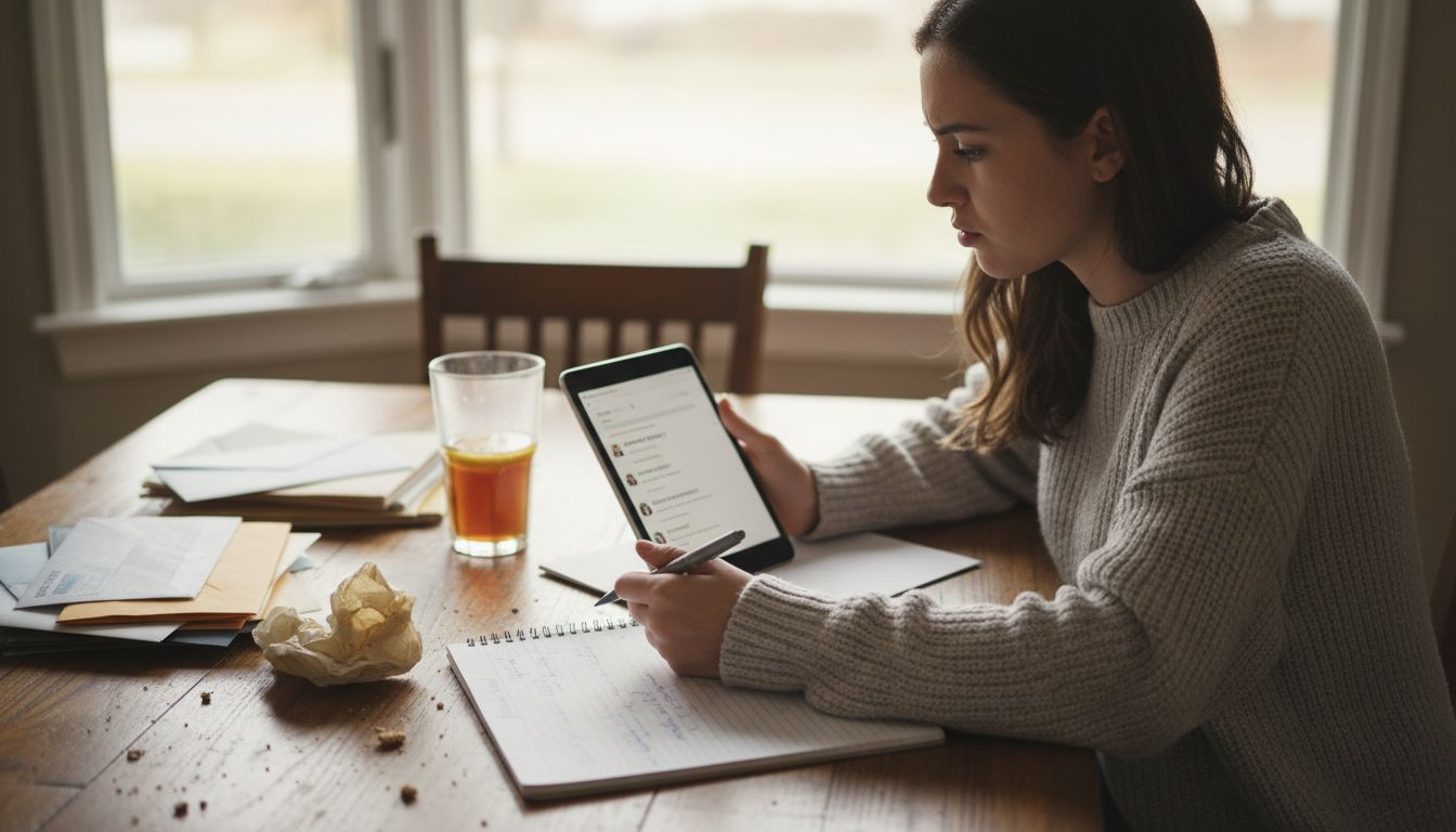 Woman reading testimonials before buying