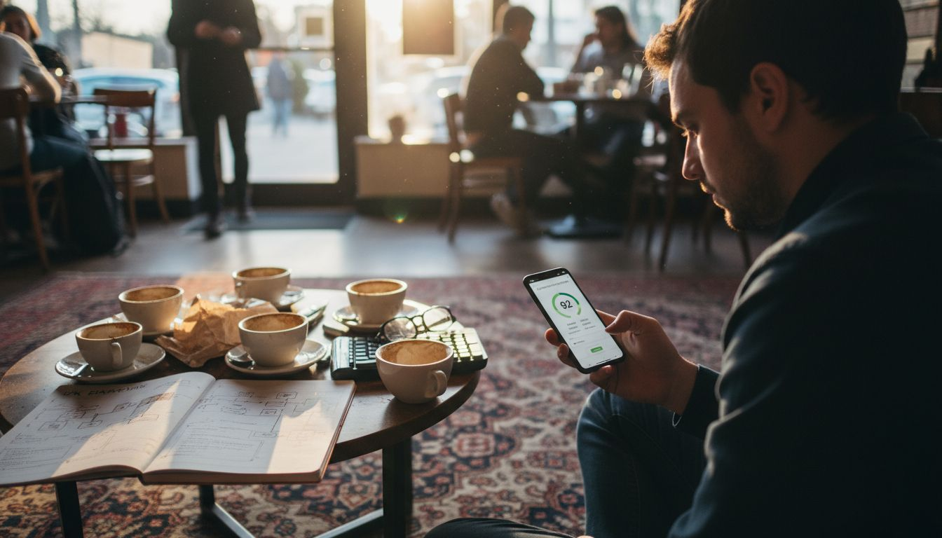 Developer checking mobile site speed in café