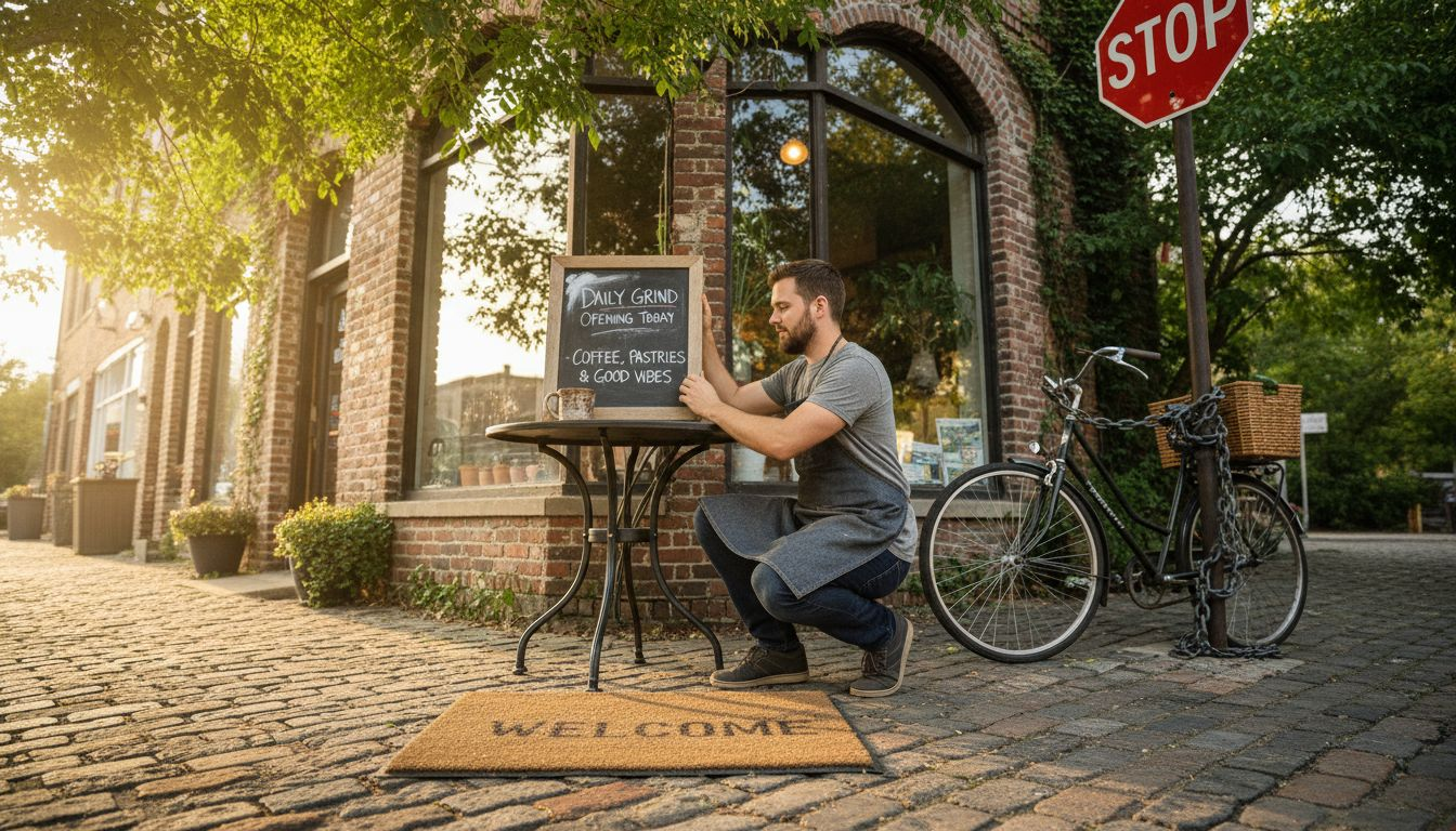 Barista setting up local coffee shop branding