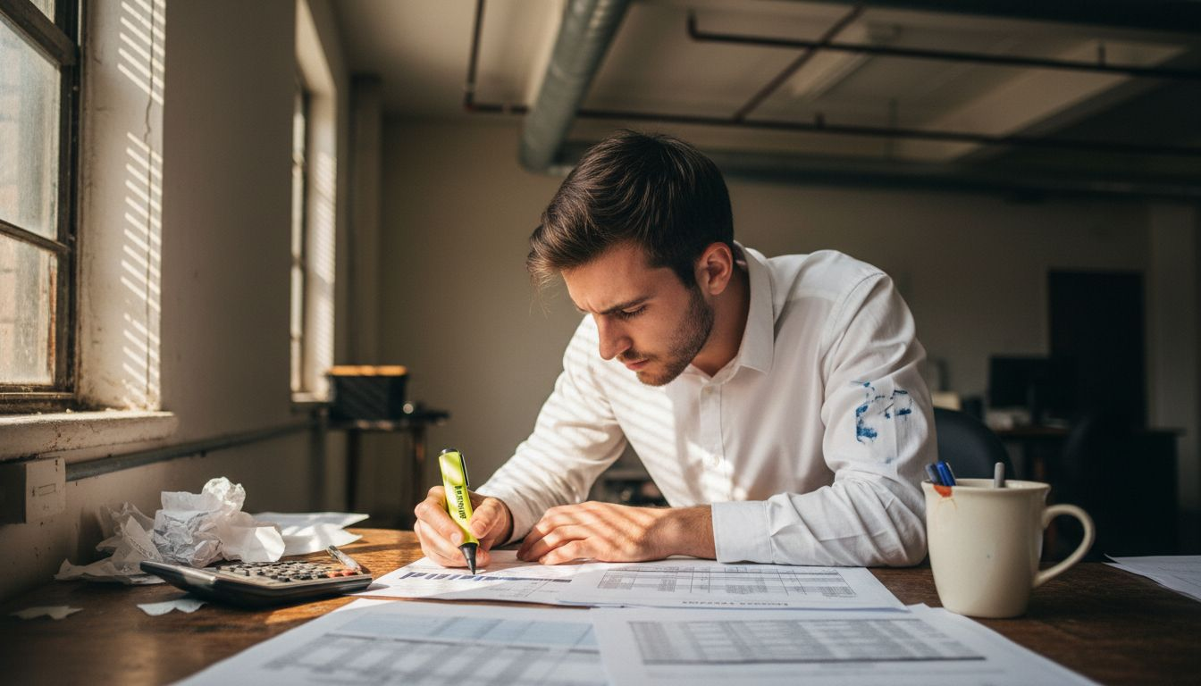 Employee analyzing marketing cost breakdown