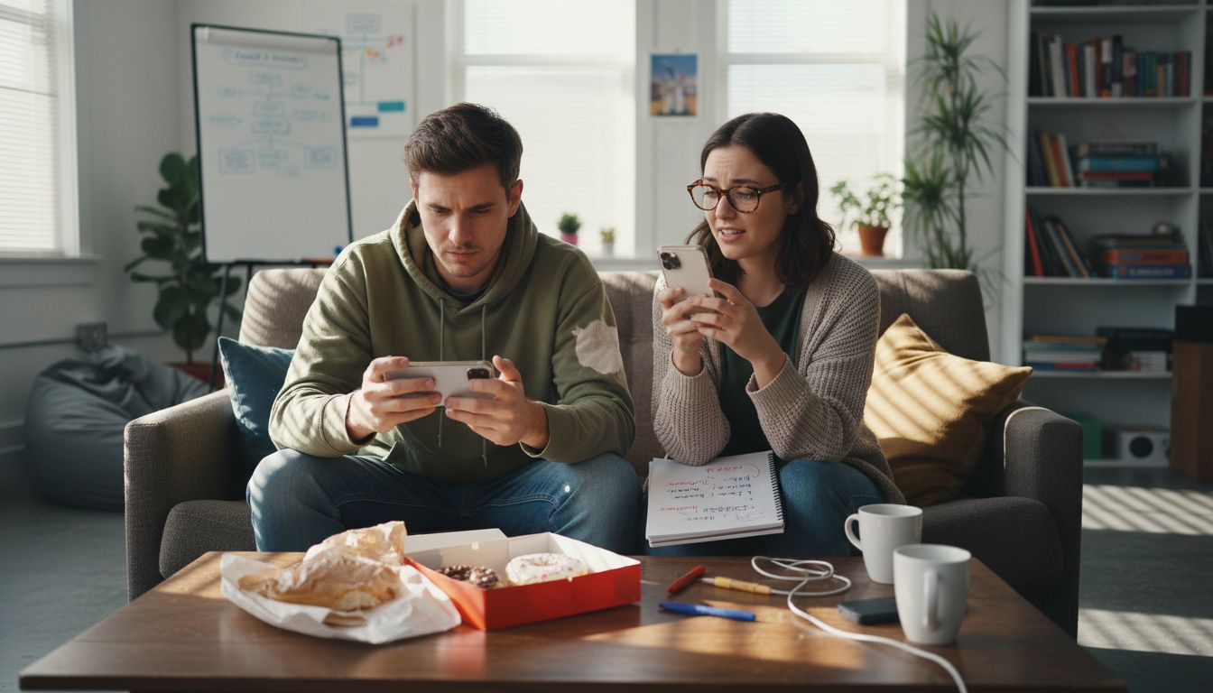 Customers reading and comparing online reviews