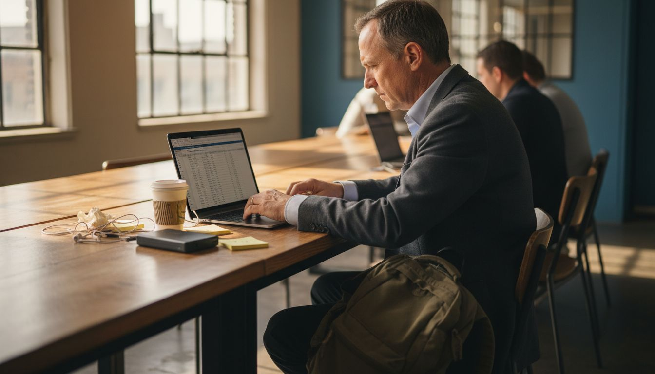 Man organizing marketing campaign data at desk