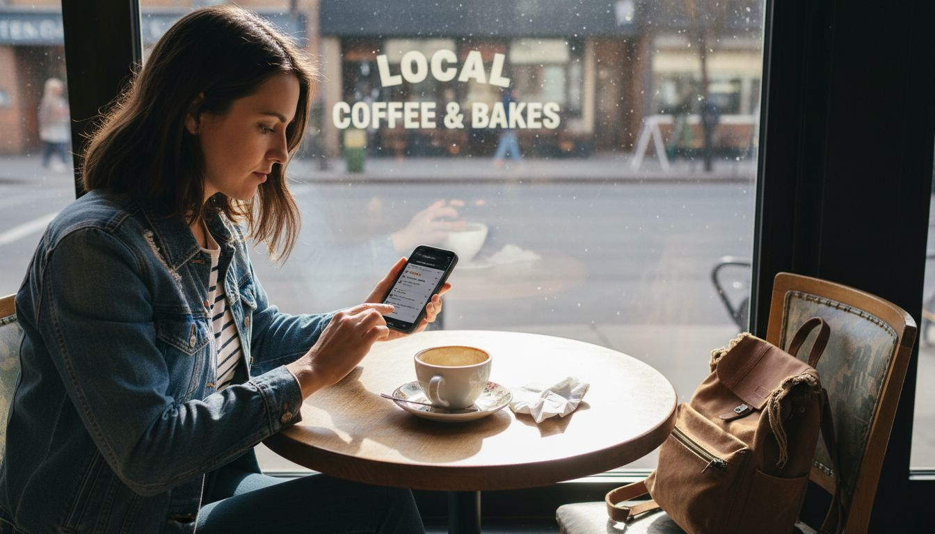 Young woman reading online reviews in café