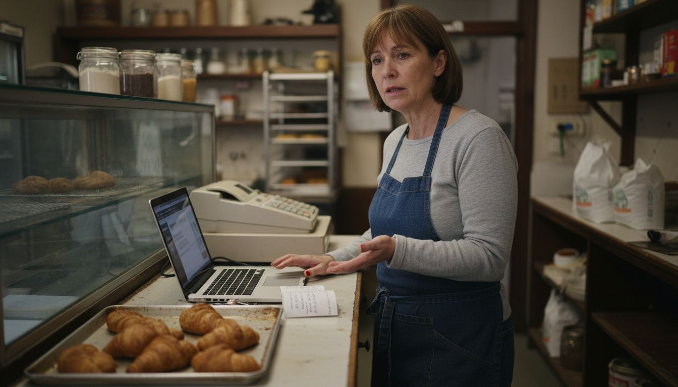 Bakery owner talking to customer about breach