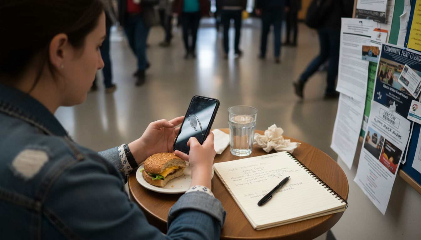 User browsing website on phone in café