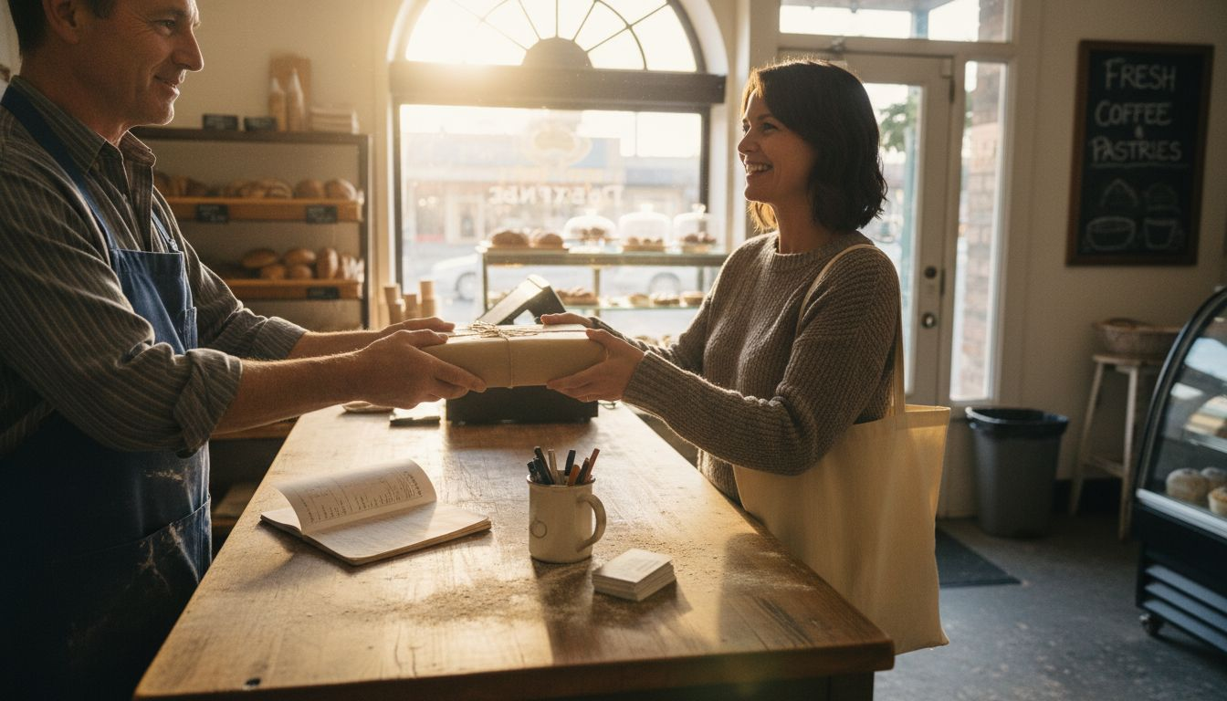 Shopkeeper building customer trust in bakery