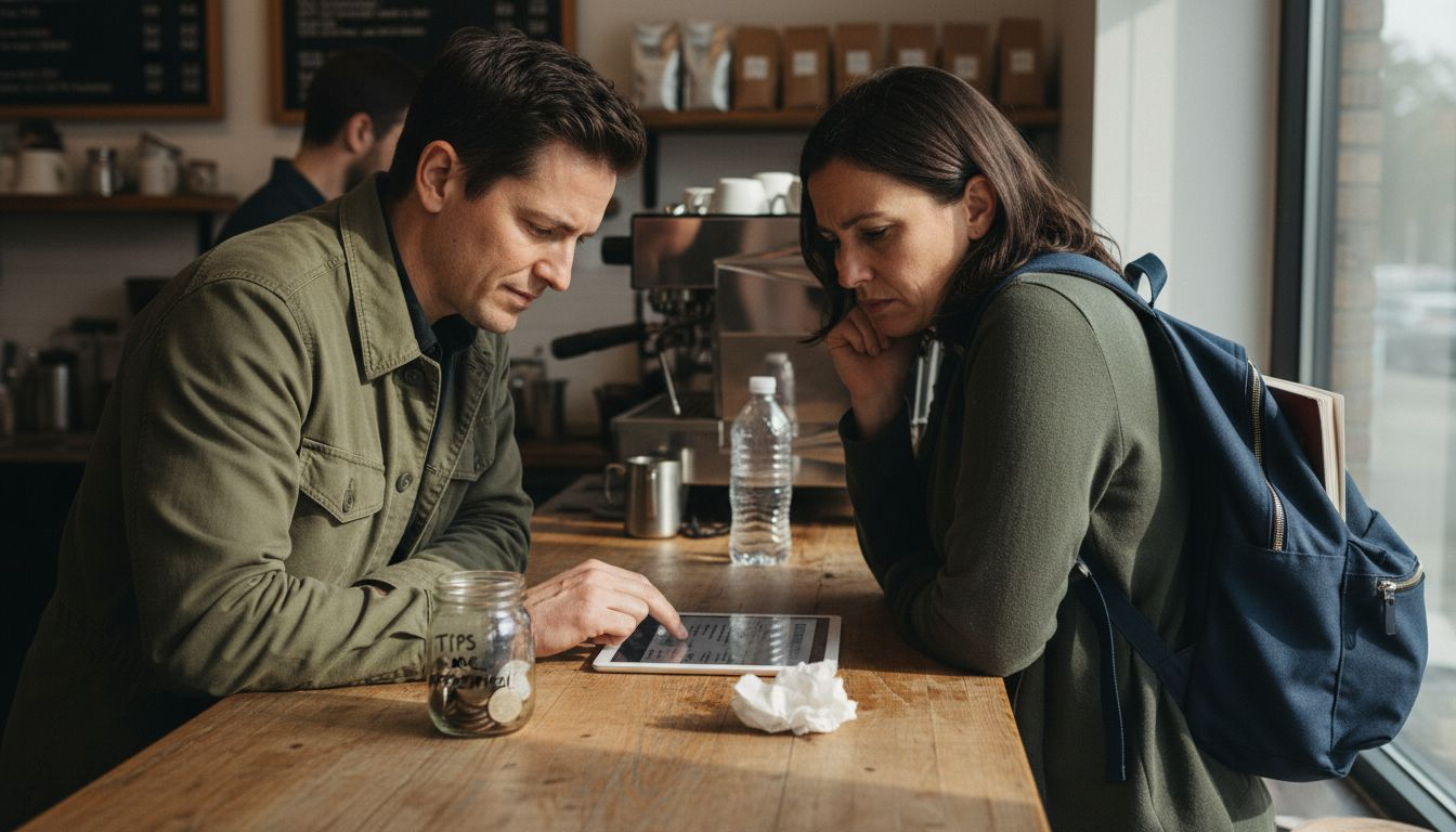 Customers reading reviews at cafe counter