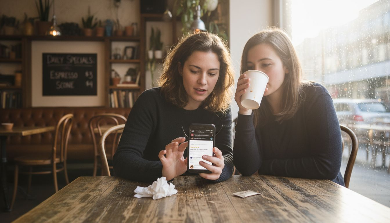 Friends checking online business ratings