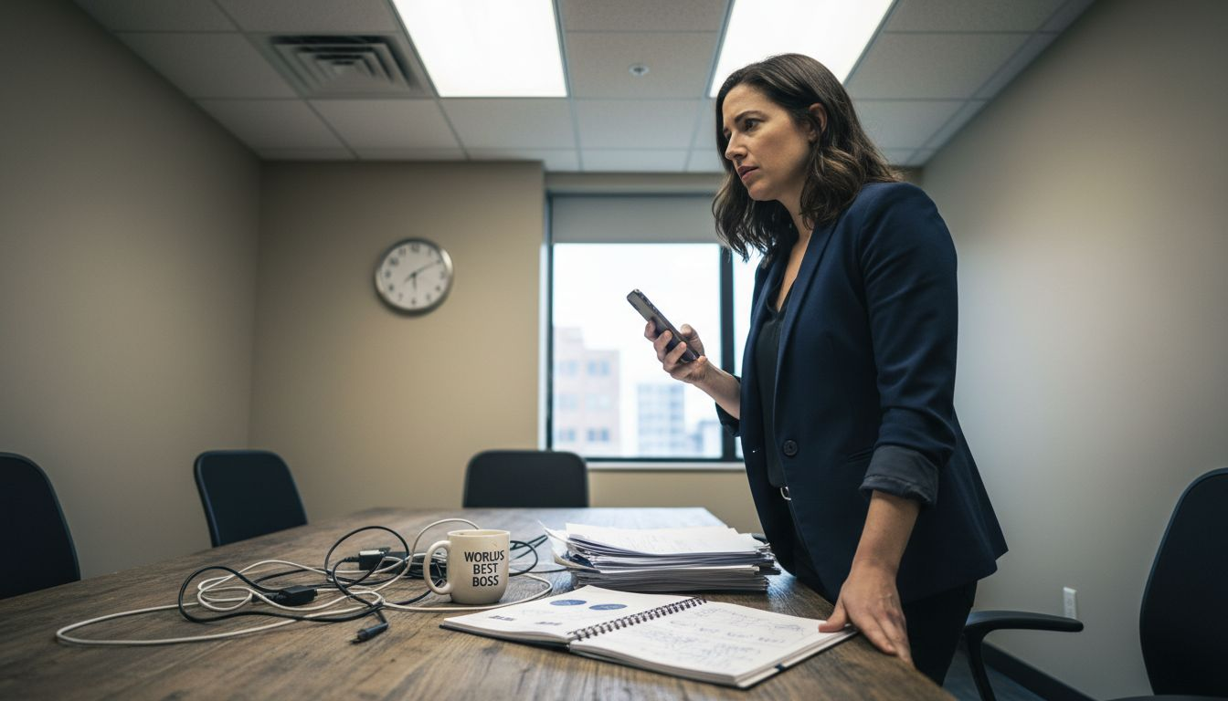 Entrepreneur checks phone in stressful office setting