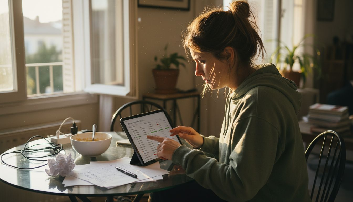 Woman reviewing keyword competition data at home