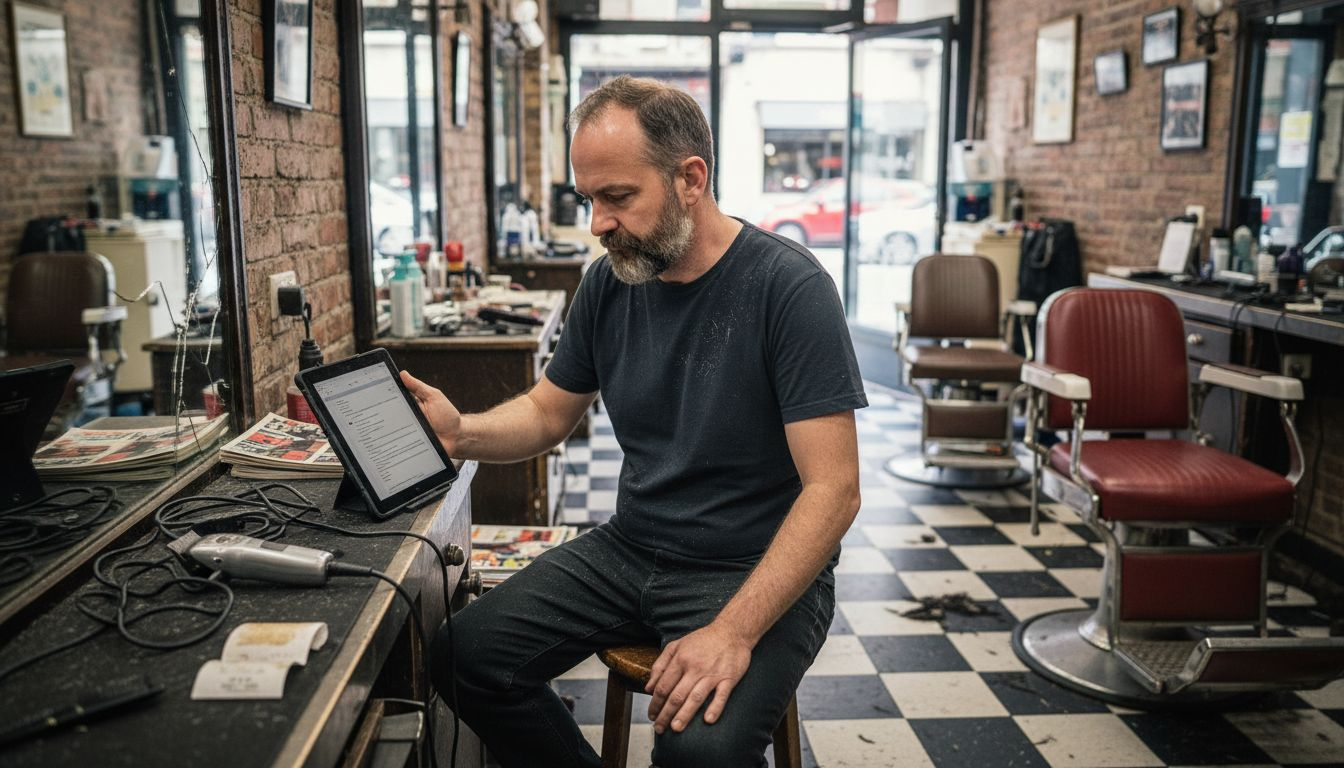 Barber checking emails in shop