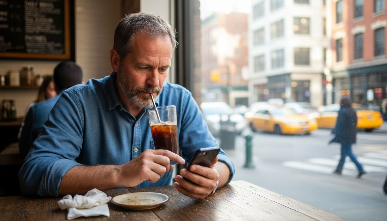 Customer writing review in cafe setting